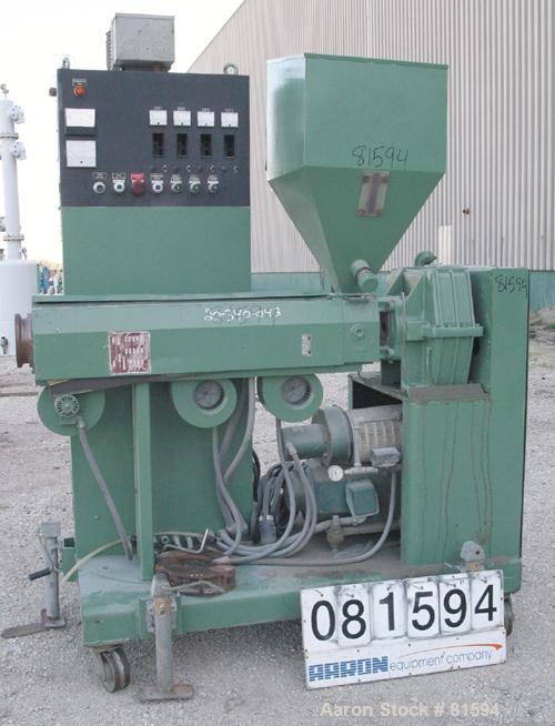 USED: Davis Standard 2" single screw extruder, model DS-20V8-24. 24:1 L/D ratio. Requires screw. Electrically heated, air cooled. 3 zone non-vented barrel. Water cooled feed throat with hopper. Drive...