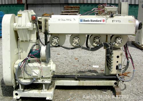 USED: Davis Standard 2" screw diameter single screw extruder, model DS-20. 30:1 L/D ratio. Electrically heated, air cooled, 4 zone non-vented barrel. Water cooled feed throat. Driven by a 20 hp, 500 ...
