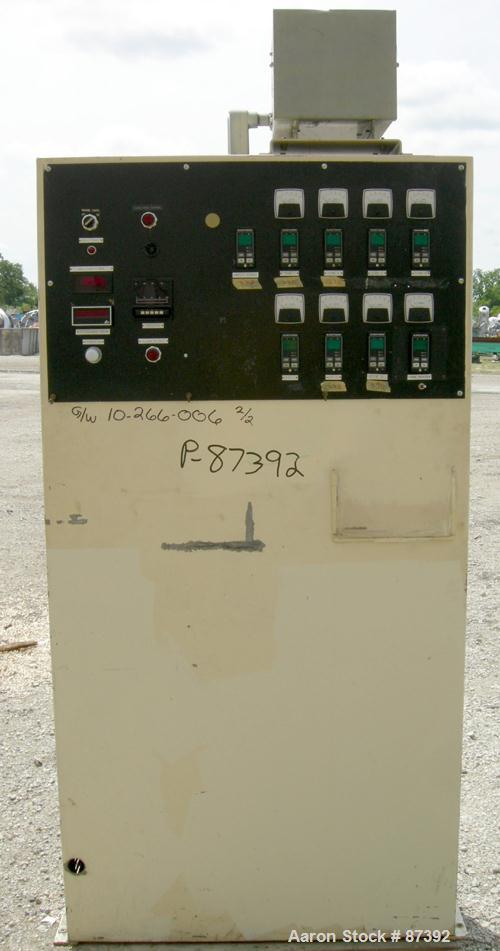 USED: Davis Standard 2" screw diameter single screw extruder, model DS-20. 30:1 L/D ratio. Electrically heated, air cooled, 4 zone non-vented barrel. Water cooled feed throat. Driven by a 20 hp, 500 ...
