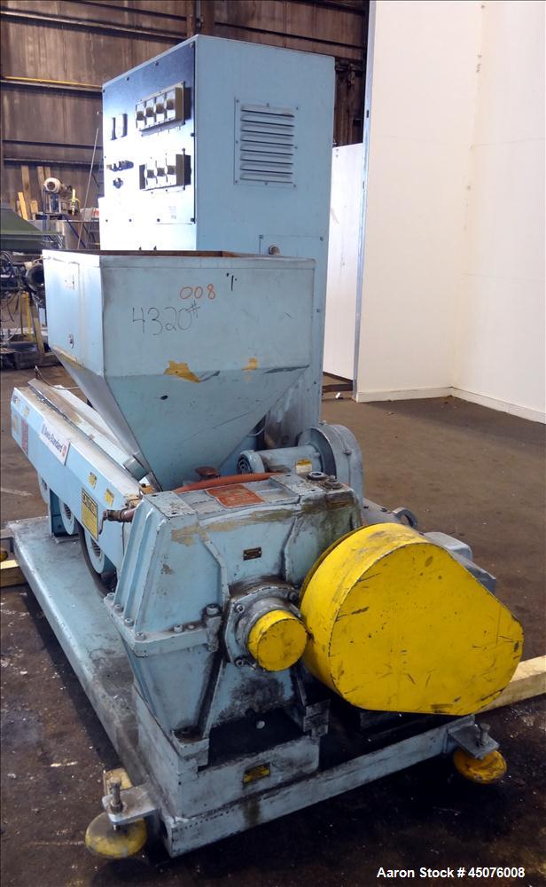 Used Davis Standard 3" Single Screw Extruder, Model DS-30. Approximate 24 to 1 L/D Ratio. Electrically heated, air cooled 4 zone non-vented barrel. Water cooled feed throat with hopper. Driven by a 4...