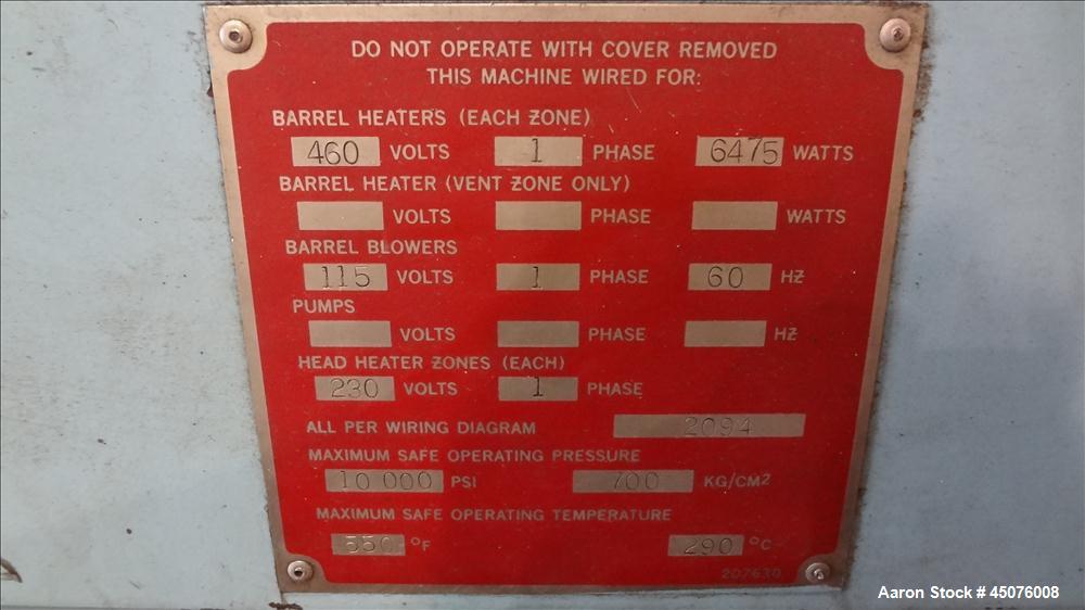 Used Davis Standard 3" Single Screw Extruder, Model DS-30. Approximate 24 to 1 L/D Ratio. Electrically heated, air cooled 4 zone non-vented barrel. Water cooled feed throat with hopper. Driven by a 4...