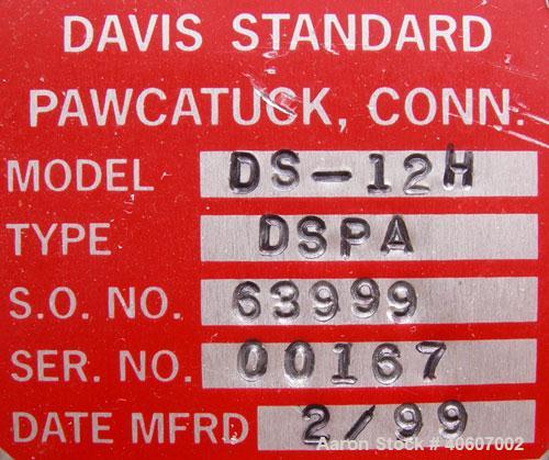 Used Davis Standard 1.25" Diameter Single Screw Extruder, Model DS12H. Approximate 24 to 1 L/D ratio, electrically heated, air cooled, non-vented 3 zone barrel. Water cooled feed with a Conair rate a...