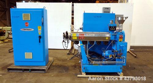 Used Davis Standard 1-1/2” Single Screw Extruder, Model DS15H, Type DSPA. SO# 76499. Approximate 30 to 1 L/D ratio. Driven by a 10hp motor thru a reducer, HP capacity 24, service factor 1.25, ratio 1...