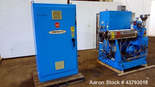 Used Davis Standard 1-1/2” Single Screw Extruder, Model DS15H, Type DSPA. SO# 76499. Approximate 30 to 1 L/D ratio. Driven by a 10hp motor thru a reducer, HP capacity 24, service factor 1.25, ratio 1...