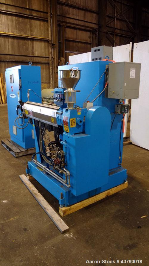 Used Davis Standard 1-1/2” Single Screw Extruder, Model DS15H, Type DSPA. SO# 76499. Approximate 30 to 1 L/D ratio. Driven by a 10hp motor thru a reducer, HP capacity 24, service factor 1.25, ratio 1...