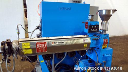 Used Davis Standard 1-1/2” Single Screw Extruder, Model DS15H, Type DSPA. SO# 76499. Approximate 30 to 1 L/D ratio. Driven by a 10hp motor thru a reducer, HP capacity 24, service factor 1.25, ratio 1...