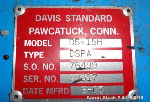 Used Davis Standard 1-1/2” Single Screw Extruder, Model DS15H, Type DSPA. SO# 76499. Approximate 30 to 1 L/D ratio. Driven by a 10hp motor thru a reducer, HP capacity 24, service factor 1.25, ratio 1...