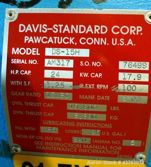 Used Davis Standard 1-1/2” Single Screw Extruder, Model DS15H, Type DSPA. SO# 76499. Approximate 30 to 1 L/D ratio. Driven by a 10hp motor thru a reducer, HP capacity 24, service factor 1.25, ratio 1...
