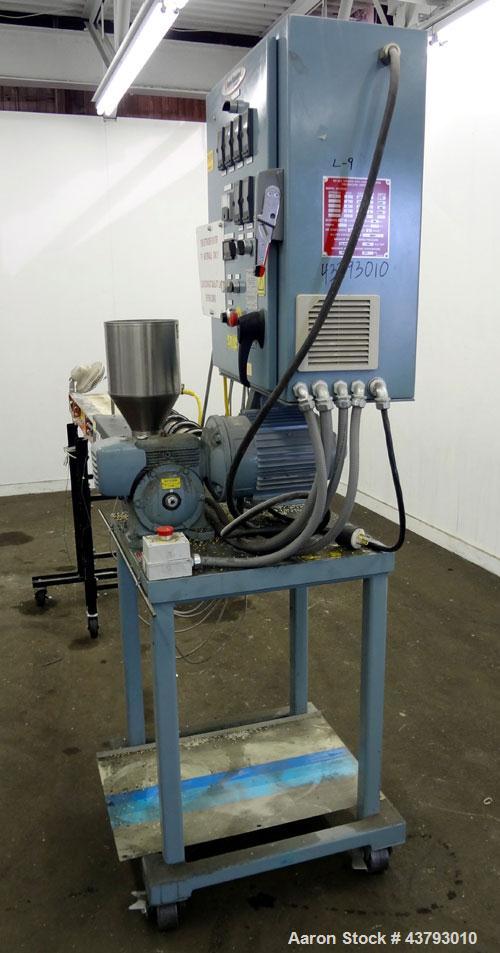 Used Davis Standard 1” Diameter Single Screw Extruder, Model KLB-100, Type DSPA. Approximate 28 to 1 L/D ratio. Electrically heated, air cooled 4 zone non-vented barrel. Water cooled feed throat with...