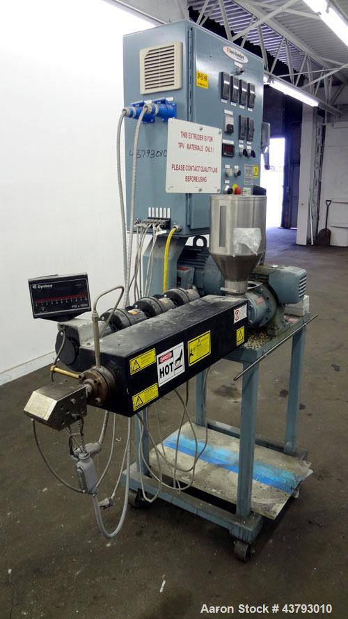 Used Davis Standard 1” Diameter Single Screw Extruder, Model KLB-100, Type DSPA. Approximate 28 to 1 L/D ratio. Electrically heated, air cooled 4 zone non-vented barrel. Water cooled feed throat with...