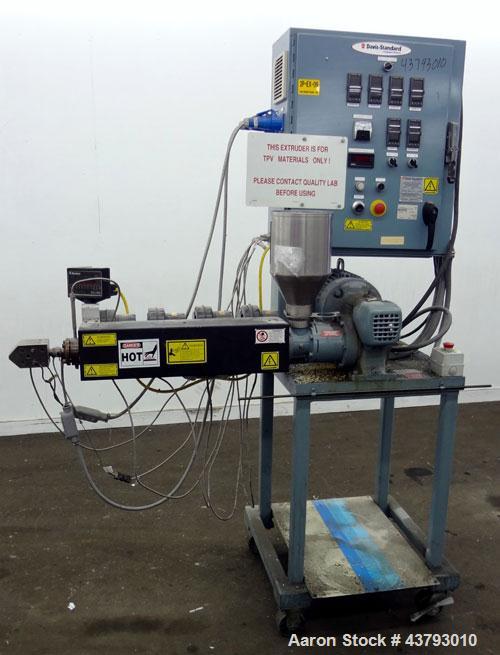 Used Davis Standard 1” Diameter Single Screw Extruder, Model KLB-100, Type DSPA. Approximate 28 to 1 L/D ratio. Electrically heated, air cooled 4 zone non-vented barrel. Water cooled feed throat with...