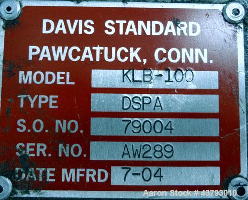 Used Davis Standard 1” Diameter Single Screw Extruder, Model KLB-100, Type DSPA. Approximate 28 to 1 L/D ratio. Electrically heated, air cooled 4 zone non-vented barrel. Water cooled feed throat with...