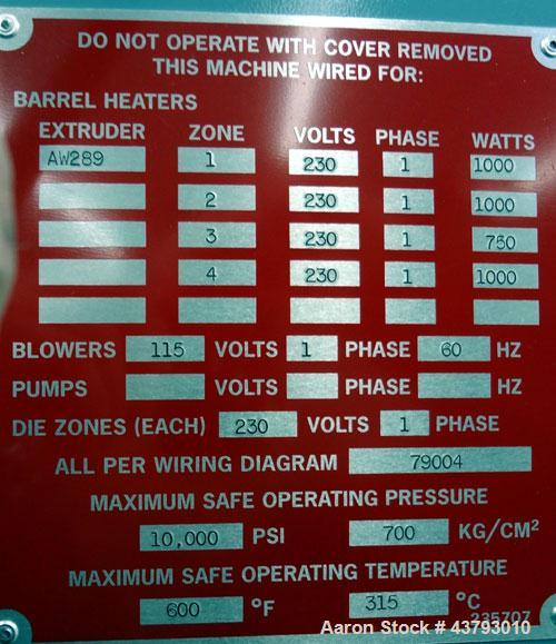 Used Davis Standard 1” Diameter Single Screw Extruder, Model KLB-100, Type DSPA. Approximate 28 to 1 L/D ratio. Electrically heated, air cooled 4 zone non-vented barrel. Water cooled feed throat with...