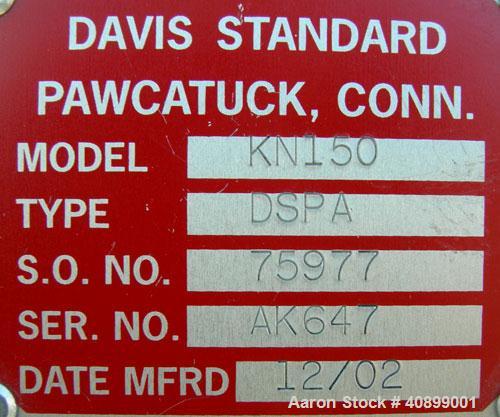 Used Davis Standard 1 1/2" Single Screw Extruder, Model KN150. Approximate 24:1 L/D ratio. Electrically heated, air cooled 3 zone non-vented barrel. Water cooled feed throat with a crammer feeder, dr...