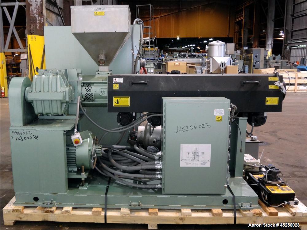 Used Davis Standard 2" Single Screw Extruder, Model KND250. Approximate 30 to 1 L/D ratio. Electrically heated, air cooled 5 zone non-vented barrel. Water cooled feed throat with hopper. Driven by a ...