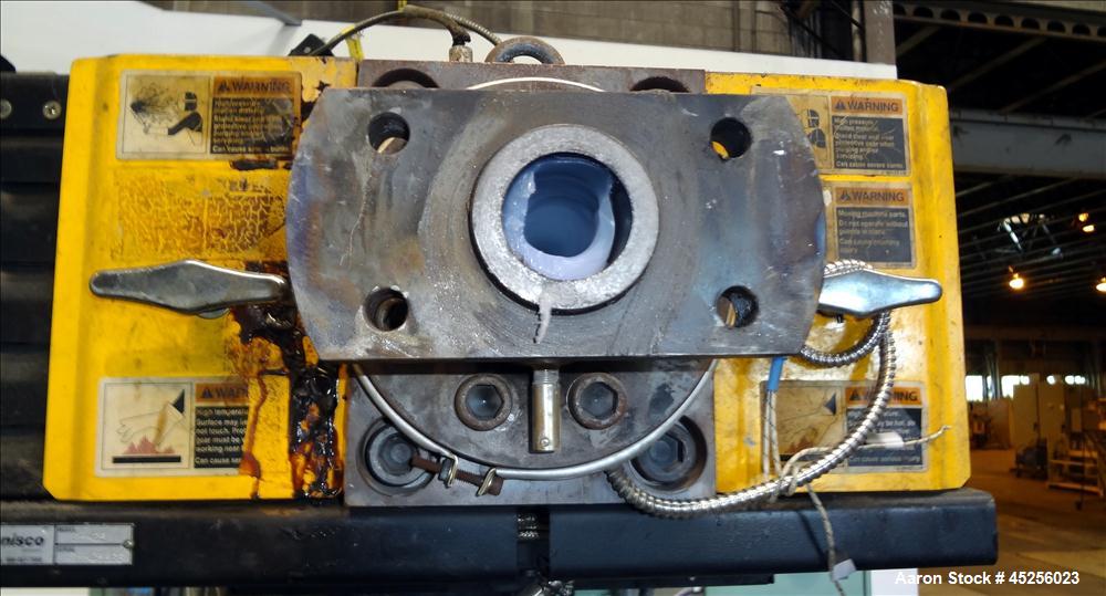 Used Davis Standard 2" Single Screw Extruder, Model KND250. Approximate 30 to 1 L/D ratio. Electrically heated, air cooled 5 zone non-vented barrel. Water cooled feed throat with hopper. Driven by a ...