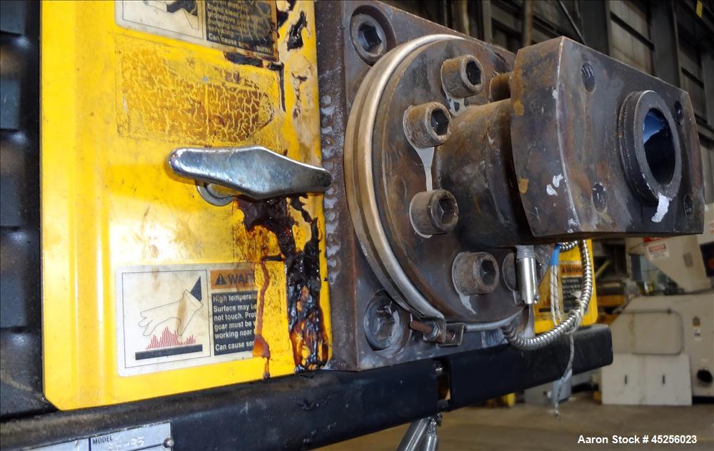 Used Davis Standard 2" Single Screw Extruder, Model KND250. Approximate 30 to 1 L/D ratio. Electrically heated, air cooled 5 zone non-vented barrel. Water cooled feed throat with hopper. Driven by a ...