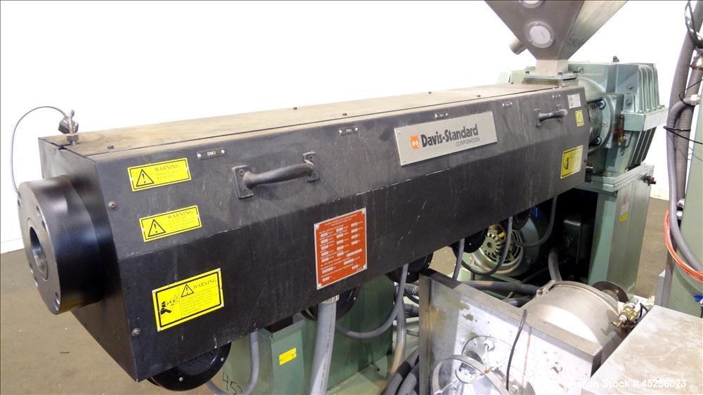 Used Davis Standard 2" Single Screw Extruder, Model KND250. Approximate 30 to 1 L/D ratio. Electrically heated, air cooled 5 zone non-vented barrel. Water cooled feed throat with hopper. Driven by a ...