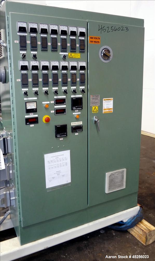 Used Davis Standard 2" Single Screw Extruder, Model KND250. Approximate 30 to 1 L/D ratio. Electrically heated, air cooled 5 zone non-vented barrel. Water cooled feed throat with hopper. Driven by a ...