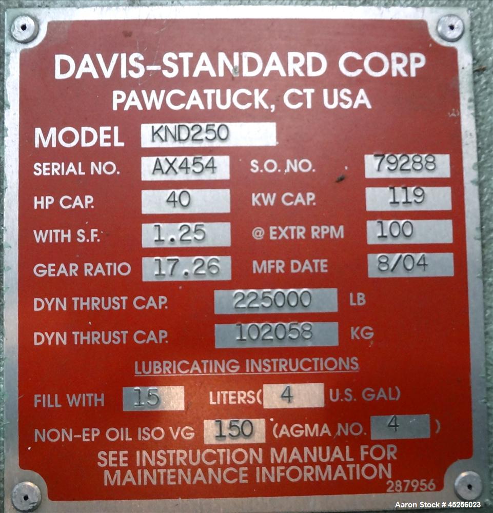 Used Davis Standard 2" Single Screw Extruder, Model KND250. Approximate 30 to 1 L/D ratio. Electrically heated, air cooled 5 zone non-vented barrel. Water cooled feed throat with hopper. Driven by a ...
