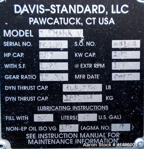 Used Davis Standard 3-1/2" Single Screw Extruder, Model Mark V. 30 to 1 L/D Ratio. Electrically heated, air cooled 5 zone non-vented barrel. Water cooled feed throat with magnet, no hopper. Driven by...