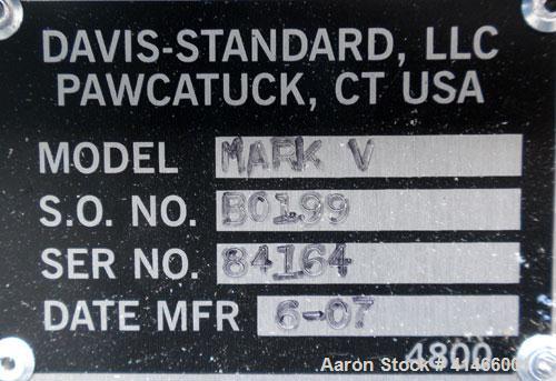 Used Davis Standard 3-1/2" Single Screw Extruder, Model Mark V. 30 to 1 L/D Ratio. Electrically heated, air cooled 5 zone non-vented barrel. Water cooled feed throat with magnet, no hopper. Driven by...