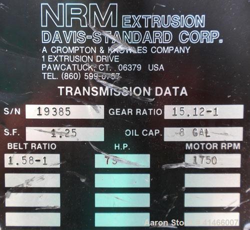 Used Davis Standard-NRM  3-1/2" Single Screw Extruder, Model PM IV. 24 to 1 L/D ratio. Electrically heated, water cooled 4 zone non-vented barrel with a pump, tank, and heat exchanger. Water cooled f...