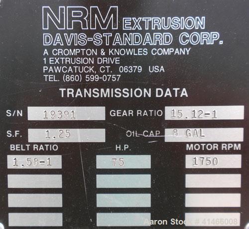 Used Davis Standard-NRM  3-1/2" Single Screw Extruder, Model PM IV. 24 to 1 L/D ratio. Electrically heated, water cooled 4 zone non-vented barrel with a pump, tank, and heat exchanger. Water cooled f...