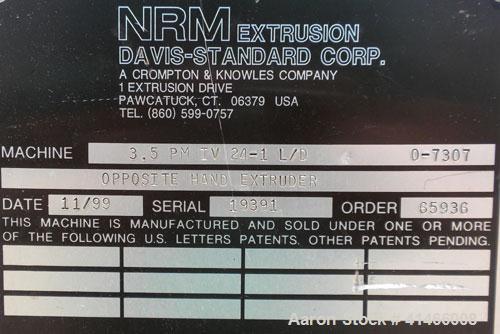 Used Davis Standard-NRM  3-1/2" Single Screw Extruder, Model PM IV. 24 to 1 L/D ratio. Electrically heated, water cooled 4 zone non-vented barrel with a pump, tank, and heat exchanger. Water cooled f...