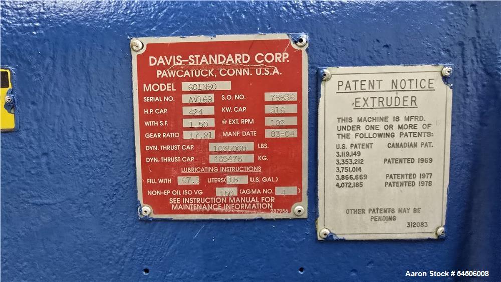 Used & Reconditioned Davis-Standard Thermatic 60IN60 6" Single Screw Extruder – 400 HP, 24:1 L/D, Thermatic Clamp