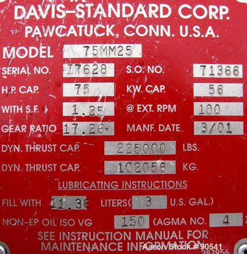 USED: Davis Standard Extruder, model 75MM25, type DSPA. 75 mm screw diameter, approximate 44:1 L/D ratio. 152 1/2" from back of feed throat to end of barrel. Electrically heated, 10 zone barrel air c...
