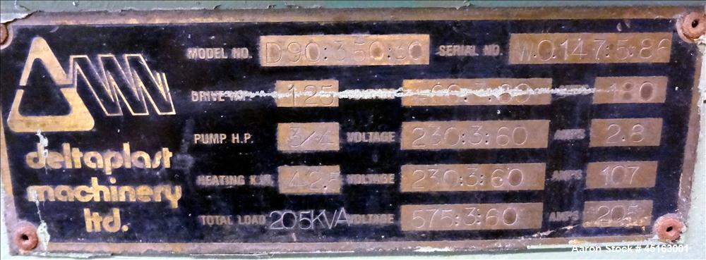 Used DeltaPlast 3-1/2" Single Screw Extruder, Model D90:350:30.