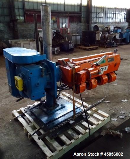Used Deltaplast 2" Single Screw Cold Feed Extruder. Approximately 24 to 1 L/D ratio, electrically heated, air cooled barrel. Jacketed feed section, pedestal mounted with power roll strip feeder drive...