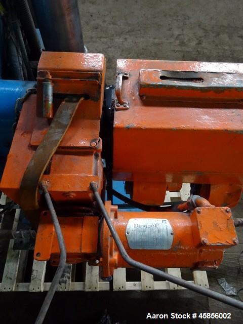 Used Deltaplast 2" Single Screw Cold Feed Extruder. Approximately 24 to 1 L/D ratio, electrically heated, air cooled barrel. Jacketed feed section, pedestal mounted with power roll strip feeder drive...