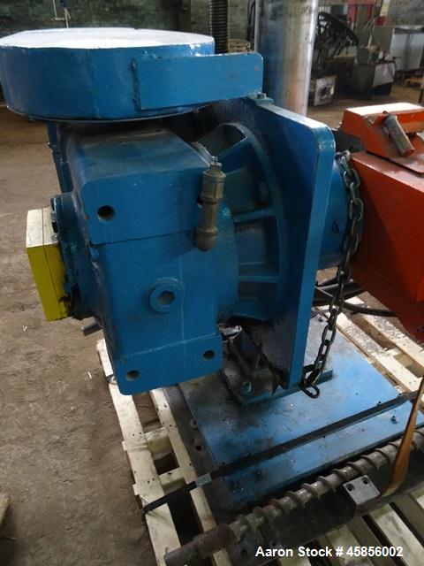 Used Deltaplast 2" Single Screw Cold Feed Extruder. Approximately 24 to 1 L/D ratio, electrically heated, air cooled barrel. Jacketed feed section, pedestal mounted with power roll strip feeder drive...
