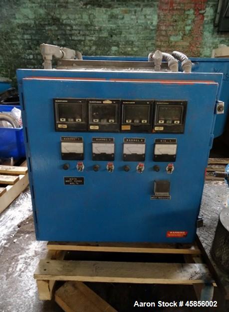Used Deltaplast 2" Single Screw Cold Feed Extruder. Approximately 24 to 1 L/D ratio, electrically heated, air cooled barrel. Jacketed feed section, pedestal mounted with power roll strip feeder drive...