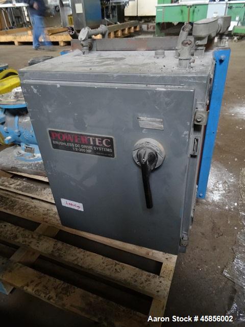 Used Deltaplast 2" Single Screw Cold Feed Extruder. Approximately 24 to 1 L/D ratio, electrically heated, air cooled barrel. Jacketed feed section, pedestal mounted with power roll strip feeder drive...