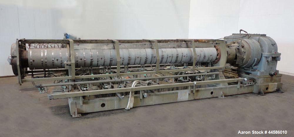 Used Egan Machinery 8" Single Screw Extruder, Model B0-08038-01. Approximately 24 to 1 L/D ratio. Electrically heated, water cooled 11 zone non-vented barrel with pump and holding tank.  Water cooled...