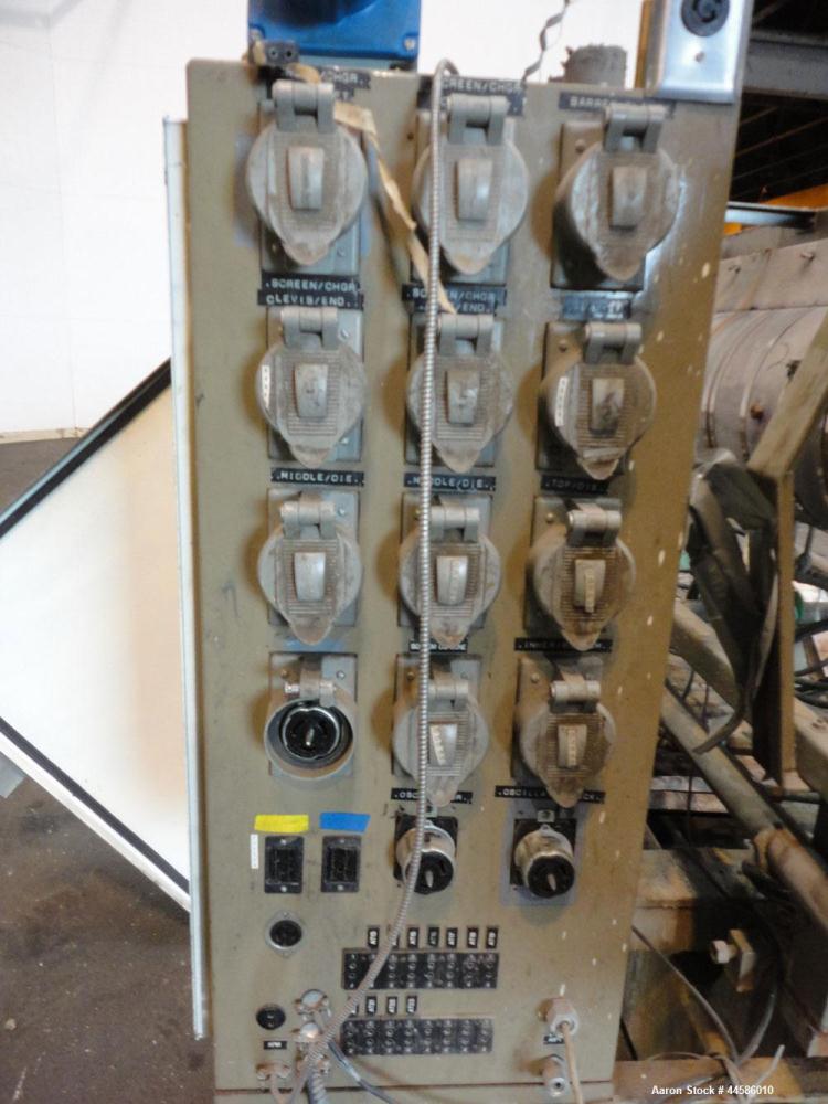 Used Egan Machinery 8" Single Screw Extruder, Model B0-08038-01. Approximately 24 to 1 L/D ratio. Electrically heated, water cooled 11 zone non-vented barrel with pump and holding tank.  Water cooled...