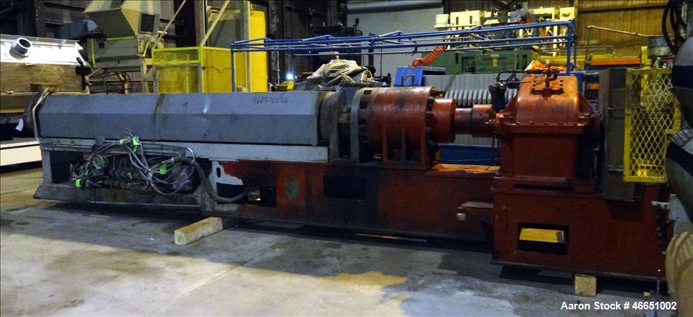 Used Egan Machinery 6" Single Screw Extruder. Approximate 22 to 1 L/D ratio, electrically heated, water cooled 7 zone non-vented barrel with pump, tank, and heat exchanger. Water cooled feed throat, ...