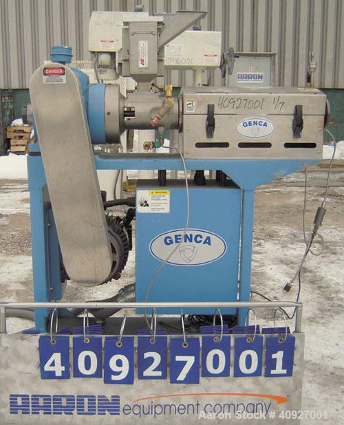 Used Genca Single Screw Extruder, Model EB 100245HF2001WE9179, 1" Screw diameter approximate 28:1 L/D ratio, electrically heated, air cooled, non-vented 3 zone barrel. Water cooled feed with a magnet...
