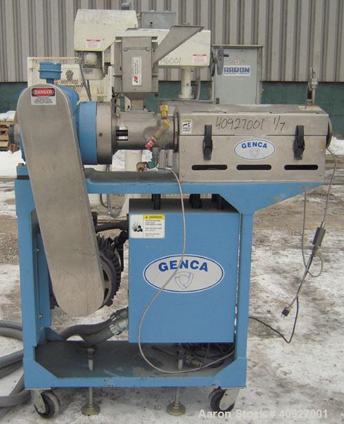 Used Genca Single Screw Extruder, Model EB 100245HF2001WE9179, 1" Screw diameter approximate 28:1 L/D ratio, electrically heated, air cooled, non-vented 3 zone barrel. Water cooled feed with a magnet...