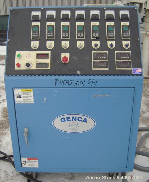 Used Genca Single Screw Extruder, Model EB 100245HF2001WE9179, 1" Screw diameter approximate 28:1 L/D ratio, electrically heated, air cooled, non-vented 3 zone barrel. Water cooled feed with a magnet...