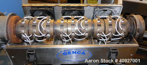 Used Genca Single Screw Extruder, Model EB 100245HF2001WE9179, 1" Screw diameter approximate 28:1 L/D ratio, electrically heated, air cooled, non-vented 3 zone barrel. Water cooled feed with a magnet...