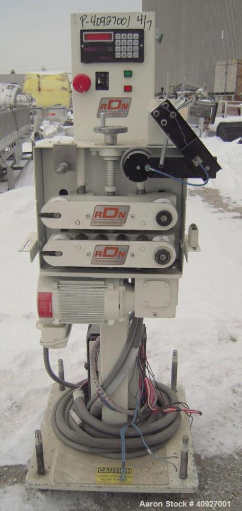 Used Genca Single Screw Extruder, Model EB 100245HF2001WE9179, 1" Screw diameter approximate 28:1 L/D ratio, electrically heated, air cooled, non-vented 3 zone barrel. Water cooled feed with a magnet...