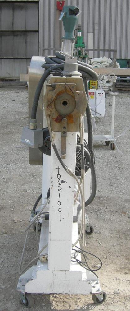 Used Genca 1" Single Screw Extruder, Model GH100-HOH12X1-00, approximately 24 to 1 L/D ratio. Electrically heated, air cooled, 3 zone non-vented barrel. Water cooled feed throat, no hopper. Missing s...