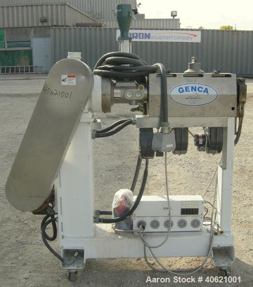 Used Genca 1" Single Screw Extruder, Model GH100-HOH12X1-00, approximately 24 to 1 L/D ratio. Electrically heated, air cooled, 3 zone non-vented barrel. Water cooled feed throat, no hopper. Missing s...
