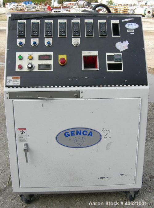 Used Genca 1" Single Screw Extruder, Model GH100-HOH12X1-00, approximately 24 to 1 L/D ratio. Electrically heated, air cooled, 3 zone non-vented barrel. Water cooled feed throat, no hopper. Missing s...