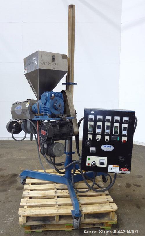 Used Genca 1-1/4” Single Screw Pedestal Mounted Extruder, Model GV125-24BBS2A00A. Approximately 24 to 1 L/D ratio. Electrically heated, air cooled 3 zone non-vented barrel. Water cooled feed throat w...