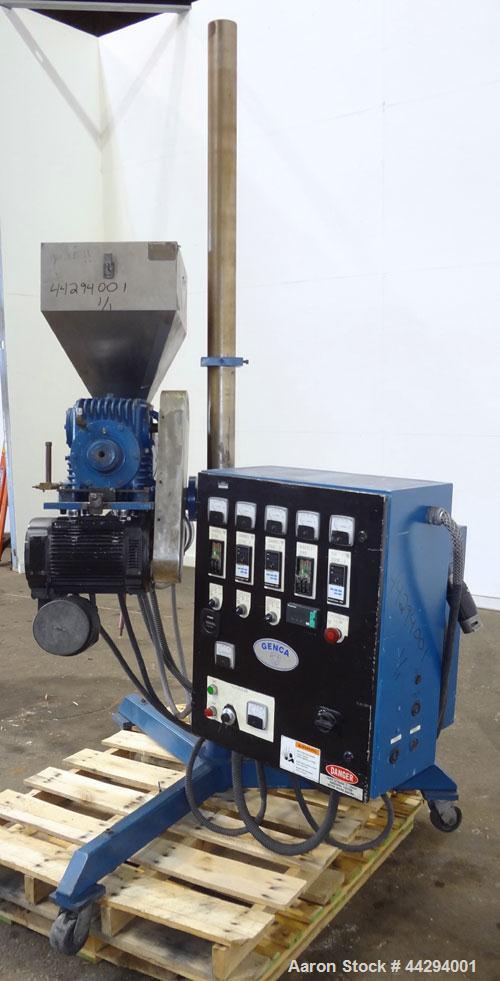 Used Genca 1-1/4” Single Screw Pedestal Mounted Extruder, Model GV125-24BBS2A00A. Approximately 24 to 1 L/D ratio. Electrically heated, air cooled 3 zone non-vented barrel. Water cooled feed throat w...